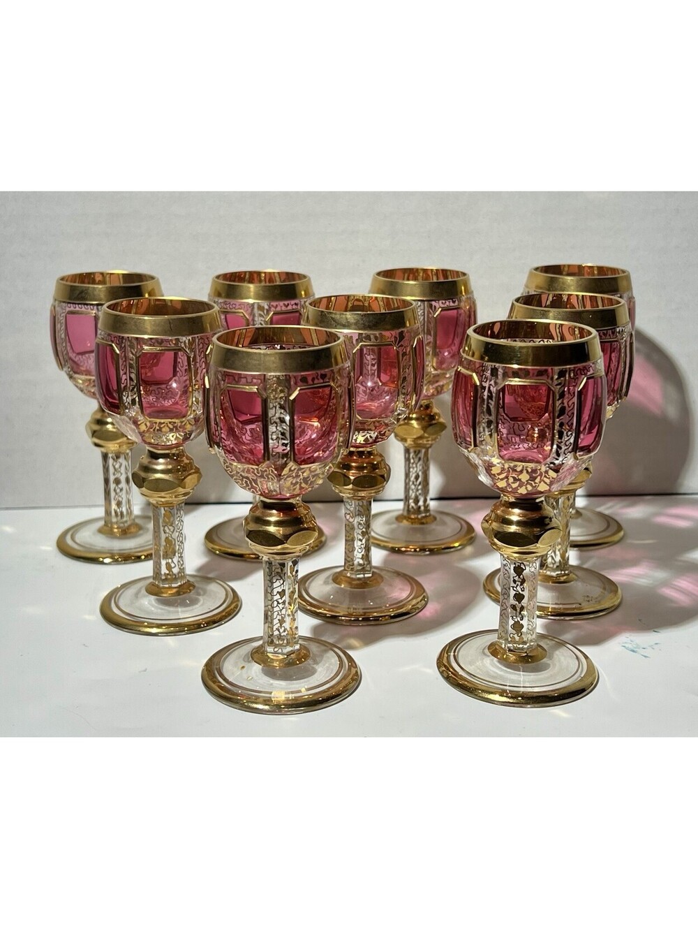 Antique Rare MOSER Set of 9 Cranberry / Pink Cordial Glasses 4 1/4” Tall